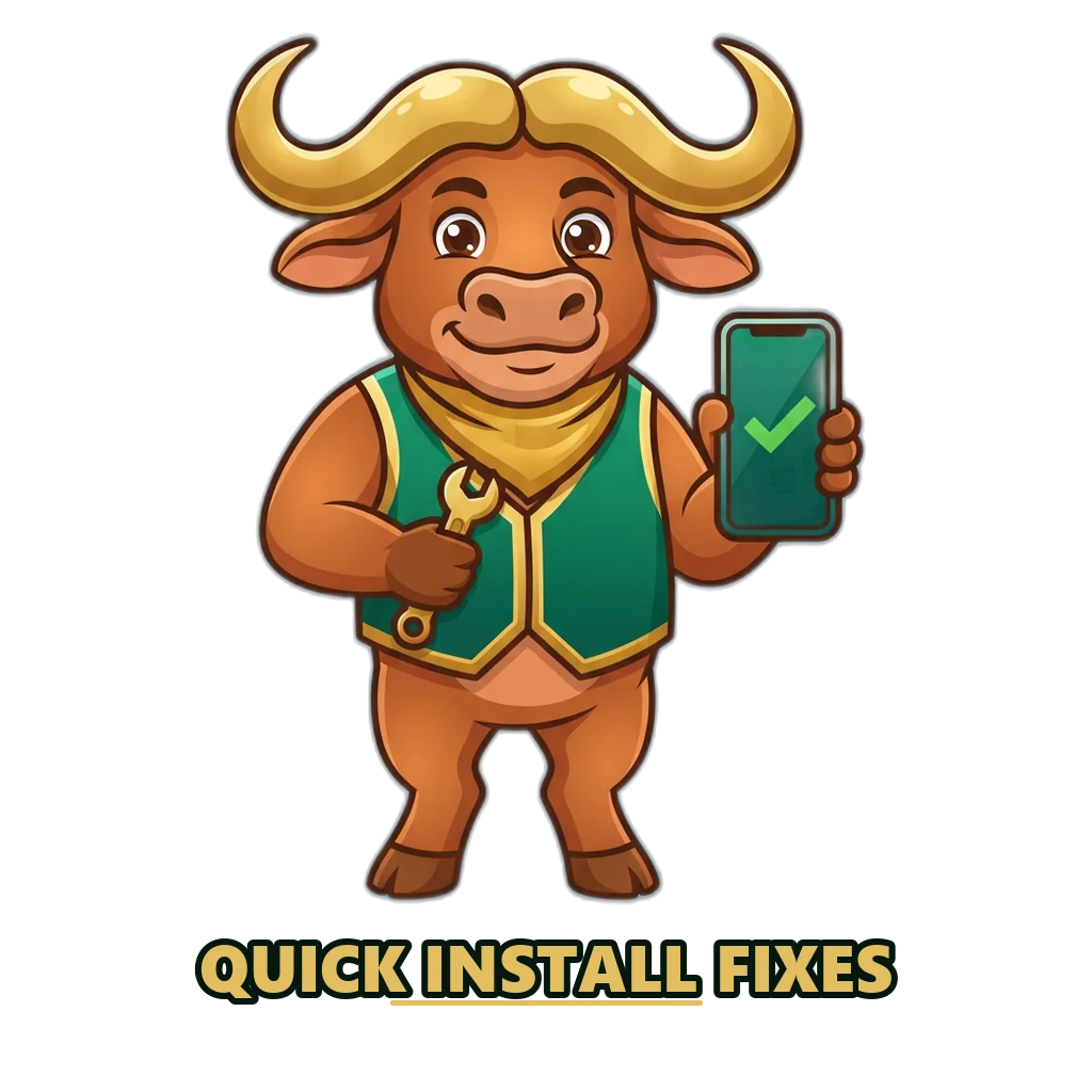 Bronze buffalo mascot with a wrench fixing an install problem on a phone