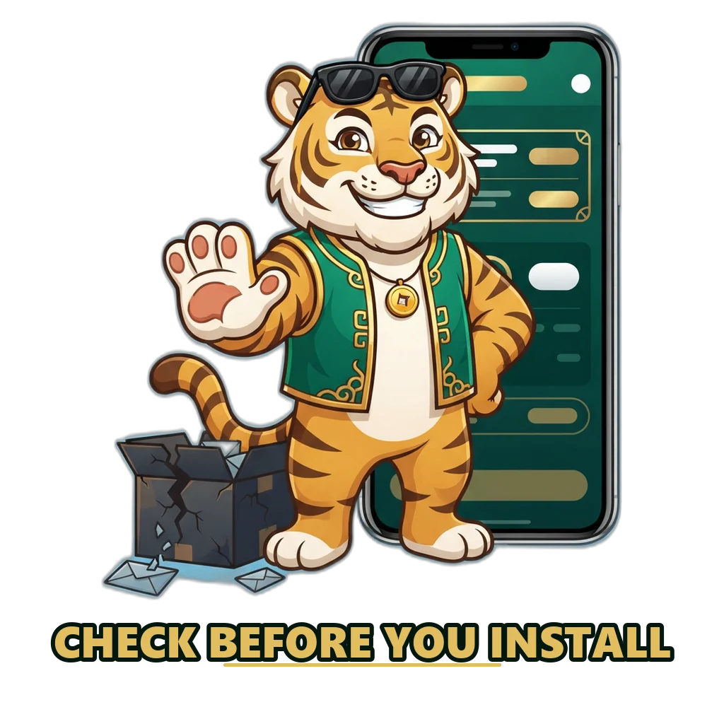 Tiger mascot in an emerald vest blocking a copycat APK file before it reaches a phone