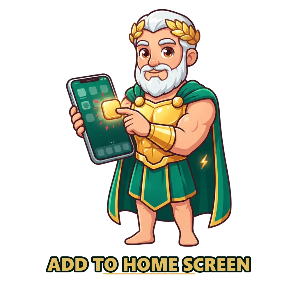 Zeus mascot in gold armour placing the DMFirst app icon on a phone home screen