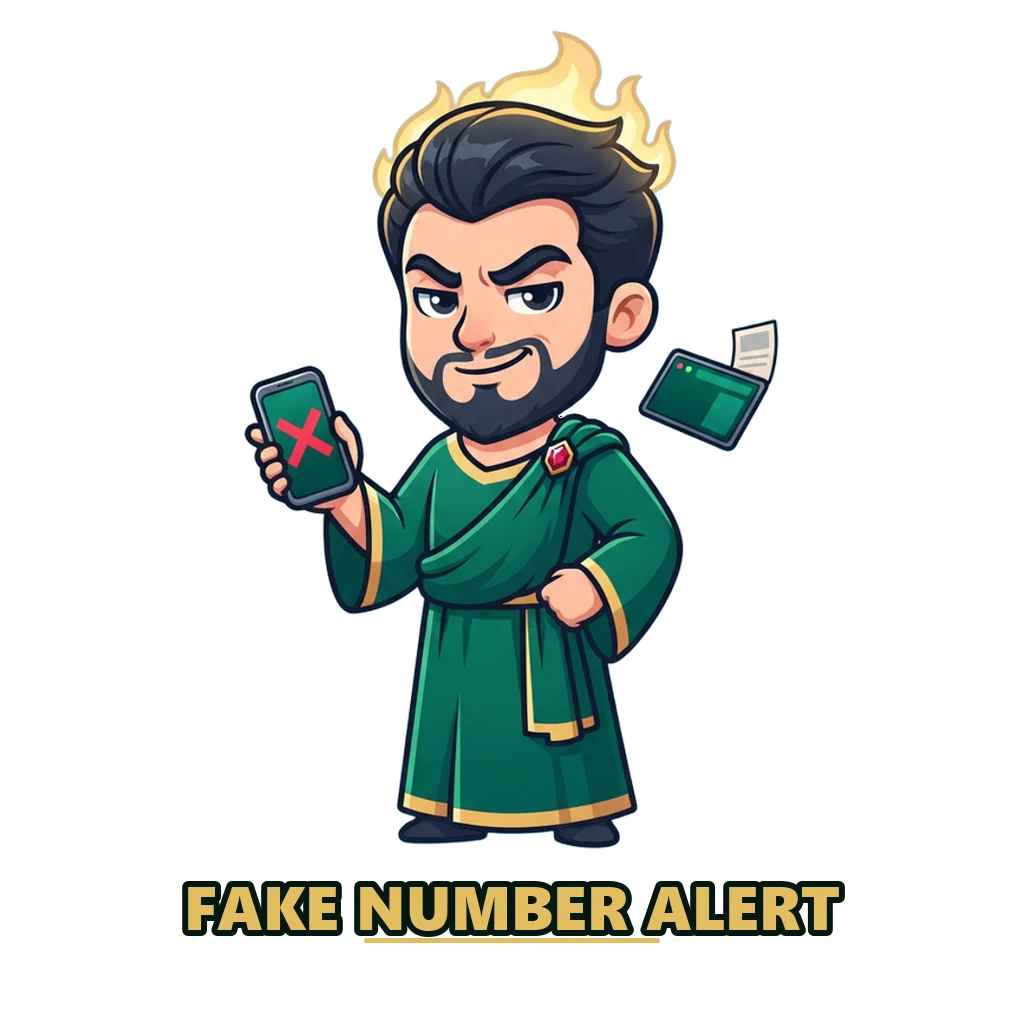Hades mascot holding a ringing phone marked with a red cross as a fake number warning