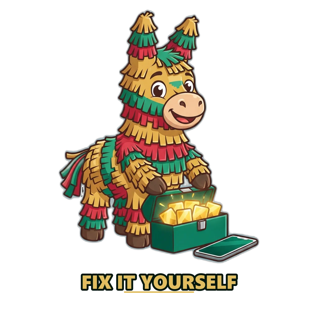 Gold and emerald piñata mascot sharing quick fixes from the DMFirst customer care guide