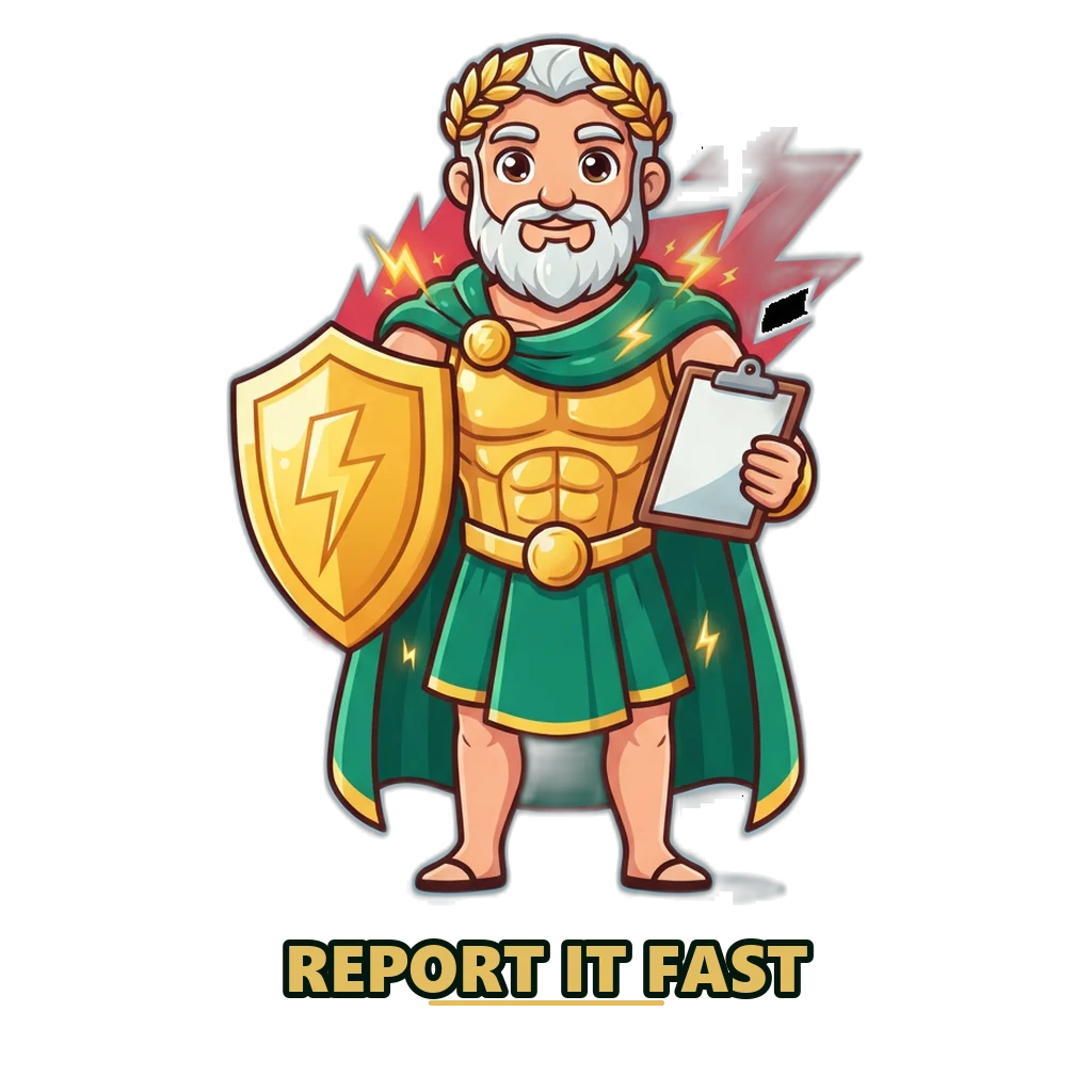 Zeus mascot with a gold shield and a fraud report clipboard showing 1930