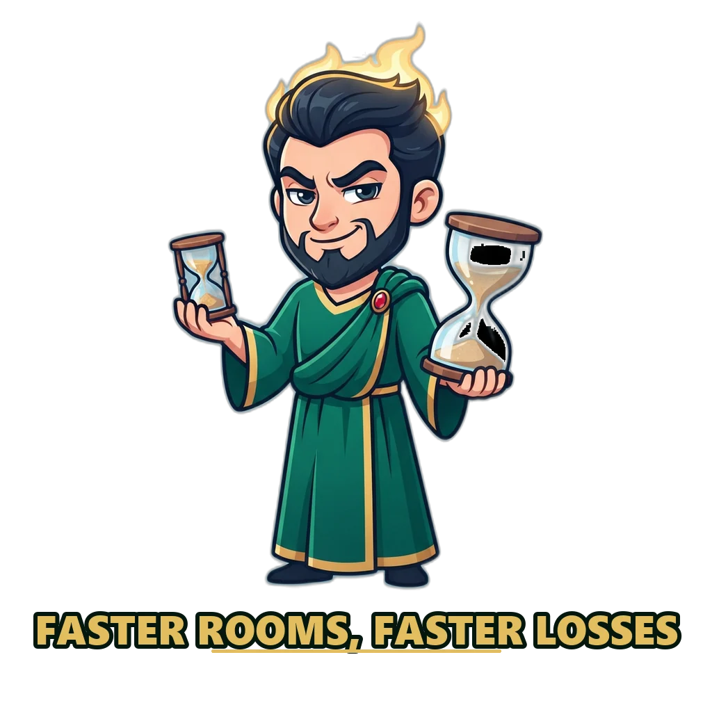Hades mascot comparing a fast small hourglass with a slow large one to show rounds per hour