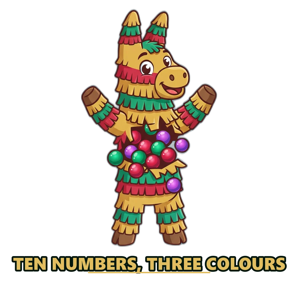 Piñata mascot spilling numbered red, green and violet balls to show the colour prediction game number map