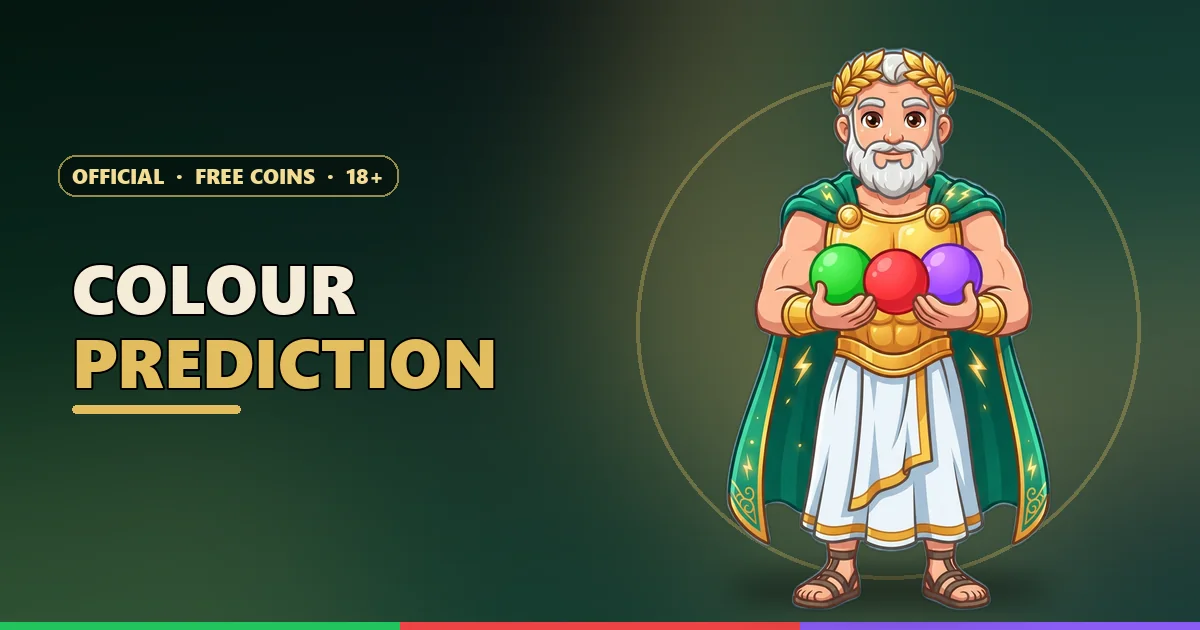 Zeus mascot holding green, red and violet balls for the colour prediction game rules