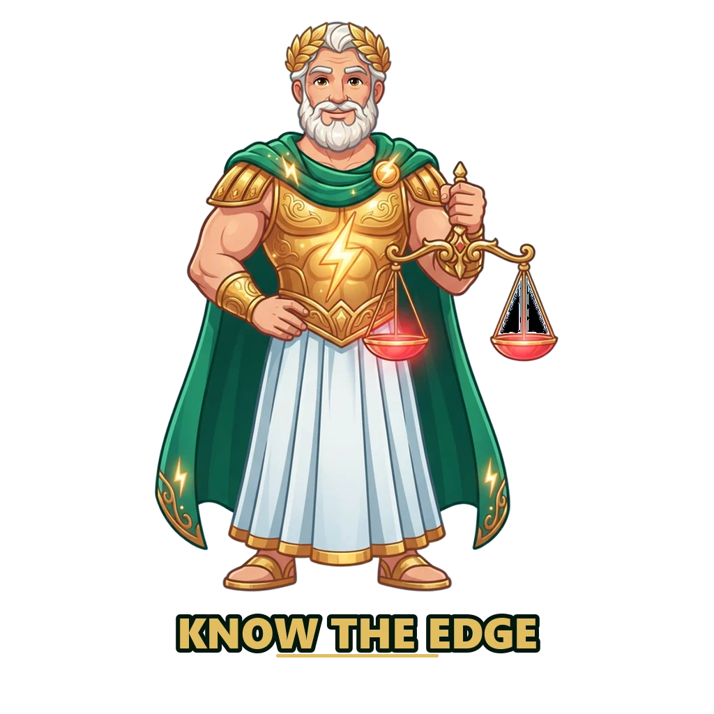 Zeus mascot holding golden scales, a picture of the house edge on each pick