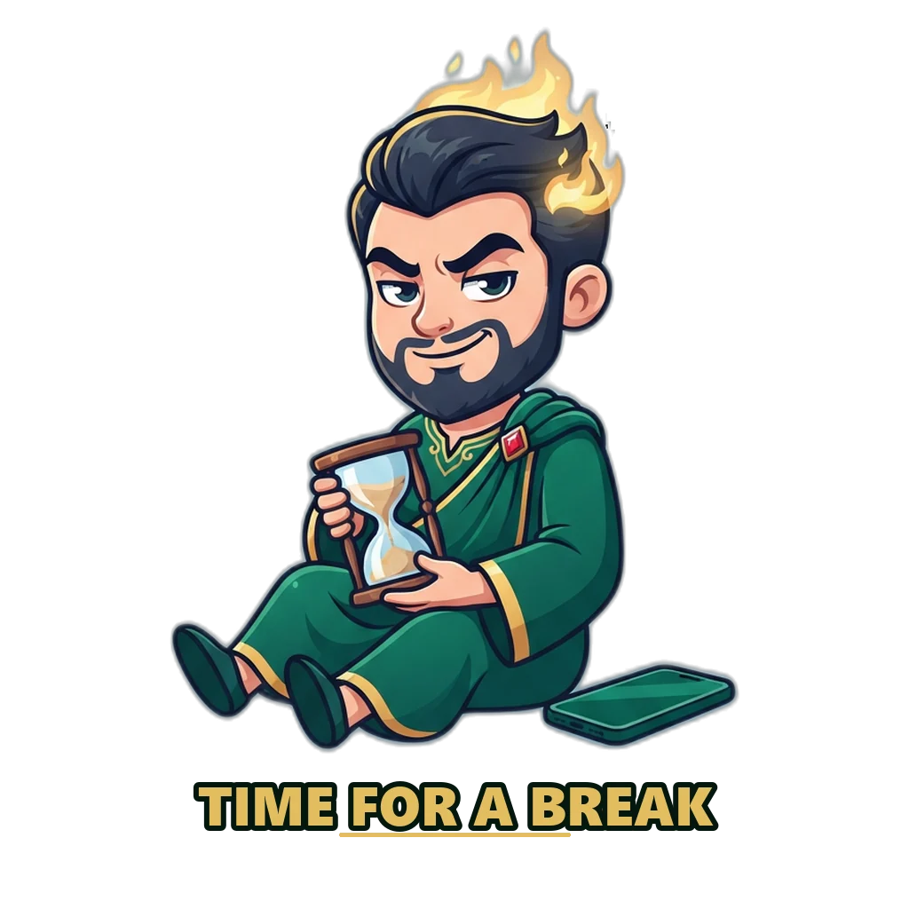 Hades mascot with an hourglass and a phone face down, a reminder to take breaks from the demo