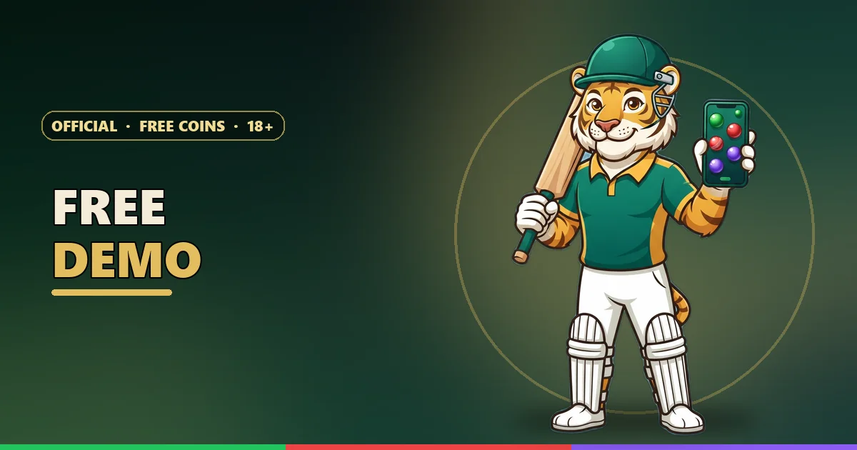 Cricket tiger mascot holding a phone with colour balls for the free colour prediction demo