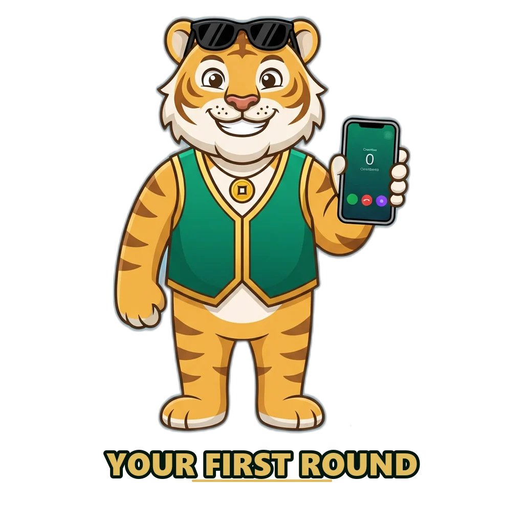 Fortune tiger mascot holding a phone with the colour prediction demo timer and colour buttons