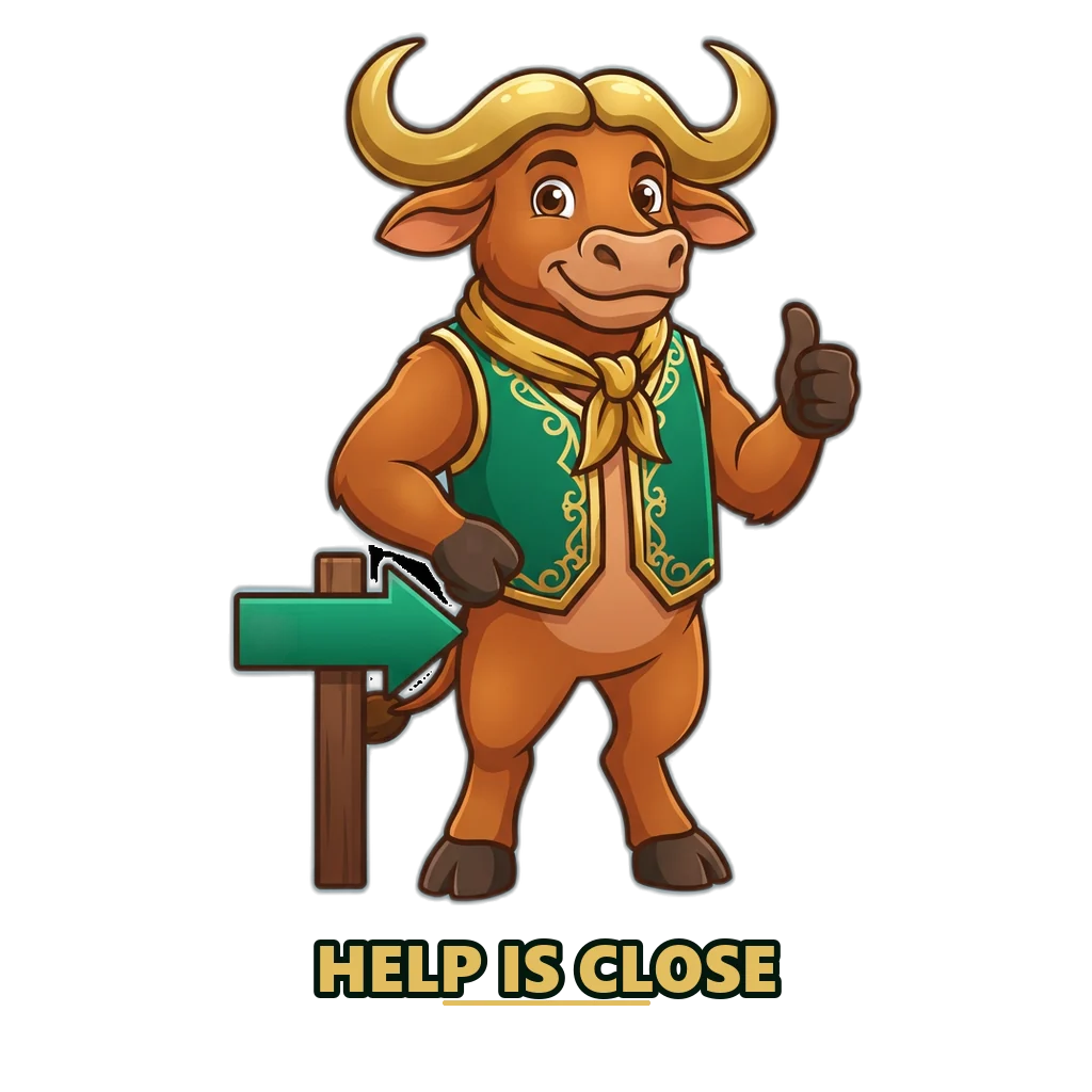Buffalo mascot in an emerald vest next to a signpost pointing to help, safety and rules guides