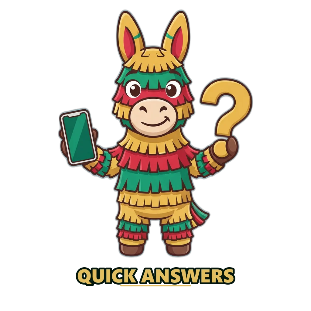 Gold and emerald piñata mascot holding a question mark and a phone, introducing the DMFirst FAQ