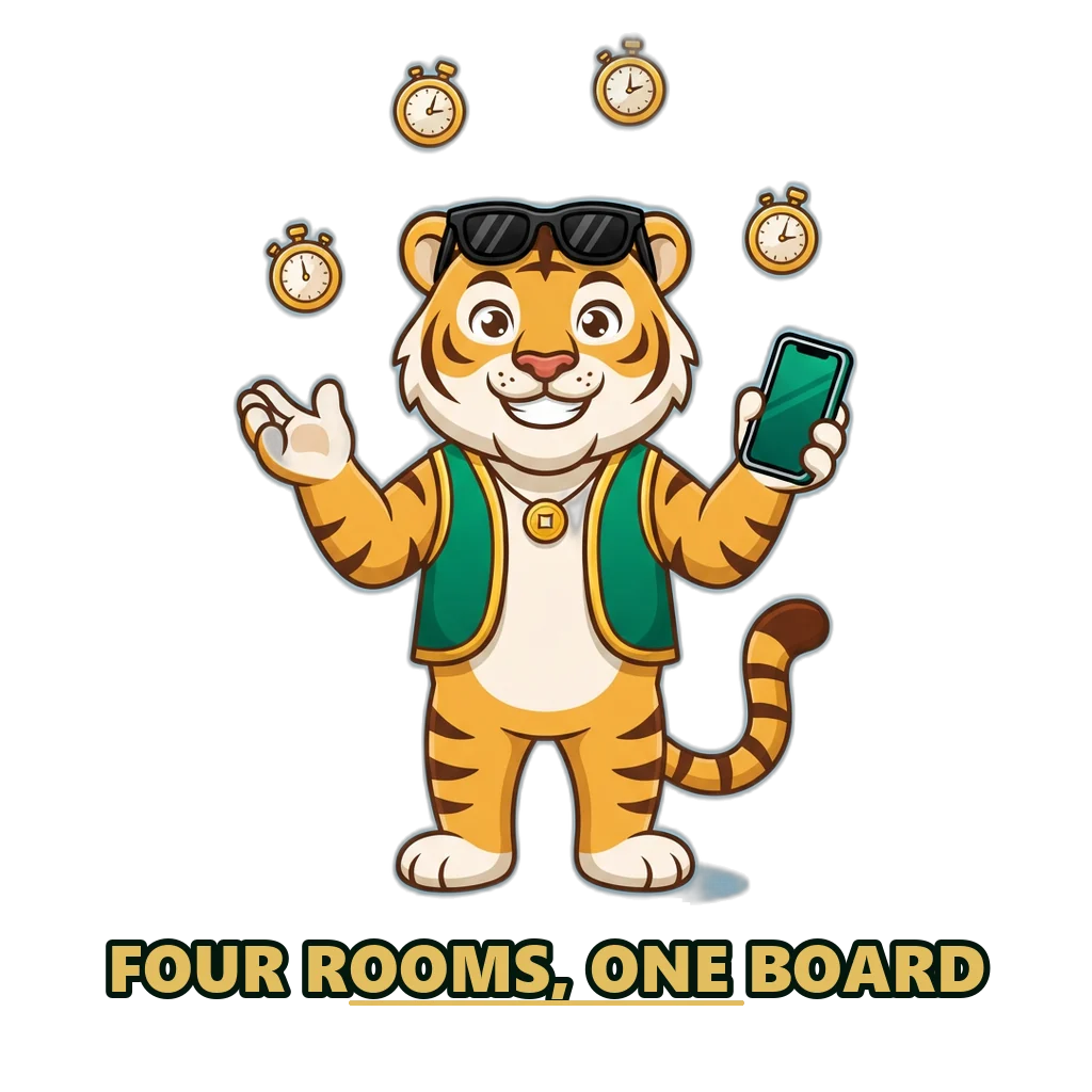 Tiger mascot in an emerald vest juggling four round timers above a phone running the DMFirst game