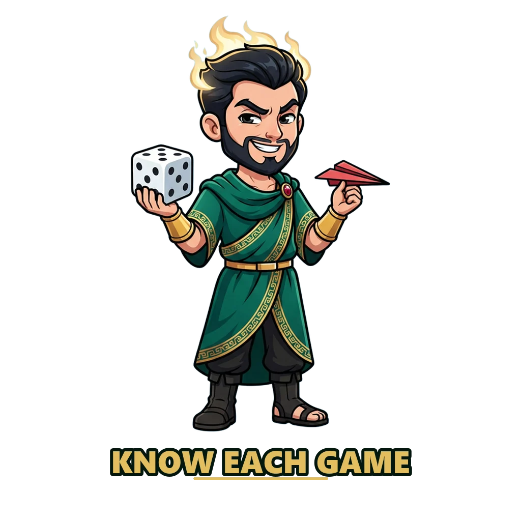 Hades mascot juggling dice, a paper plane and a number drum, games that copycat sites list