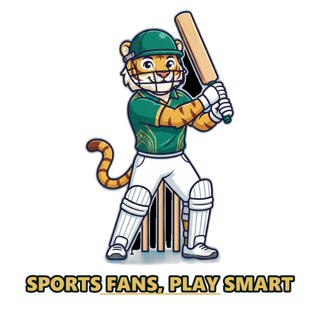 Tiger mascot in cricket kit with a bat, for the cricket fans section of the guide