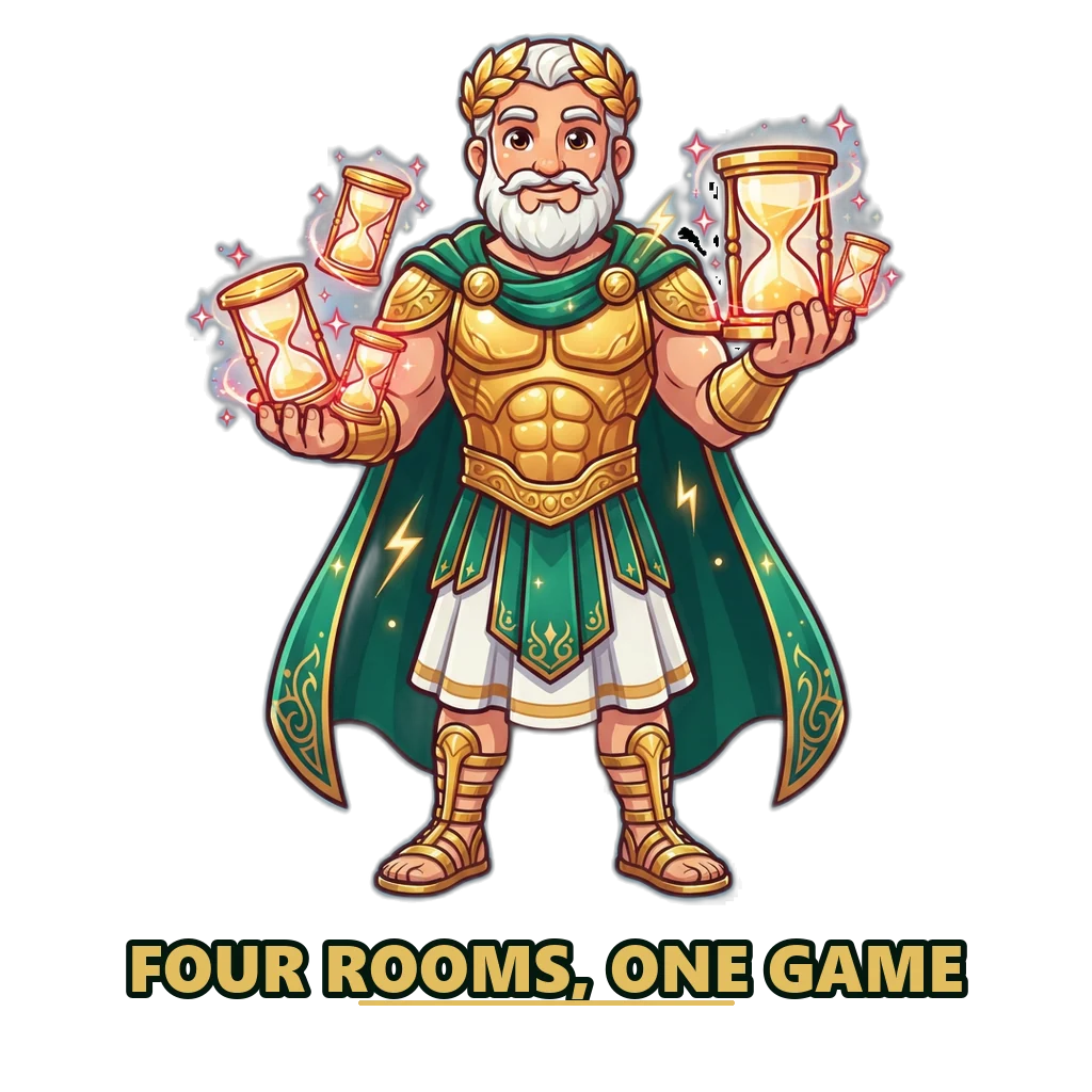 Zeus mascot in gold armour holding four hourglasses, one for each DMFirst game room length