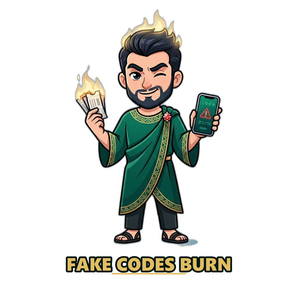 Hades mascot in an emerald robe burning fake gift code tickets beside a phone warning