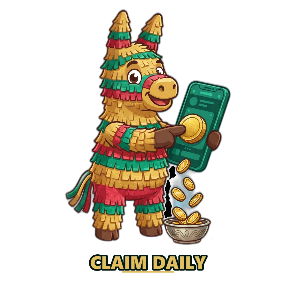 Gold, emerald and ruby piñata mascot pressing a Claim button for the daily coin bonus