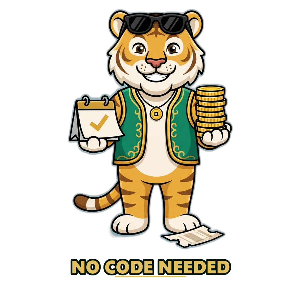 Tiger mascot in an emerald vest with free coins, showing no DMFirst gift code is needed