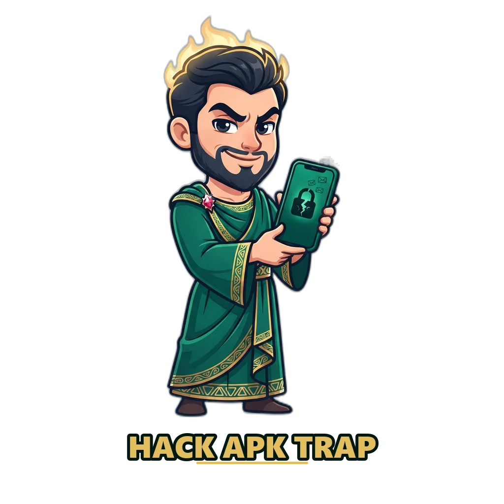 Hades holding a phone with a cracked padlock, warning that a hack APK can read your messages and codes