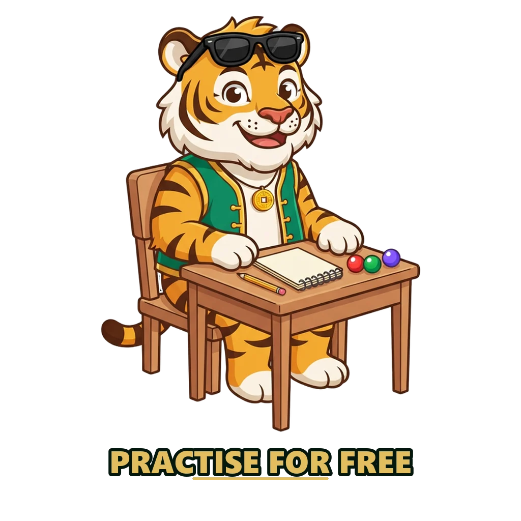 Tiger in an emerald vest noting results in a notebook while testing tricks with free virtual coins