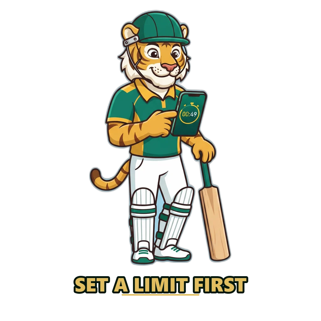 Tiger mascot in cricket kit checking a time limit reminder on a phone