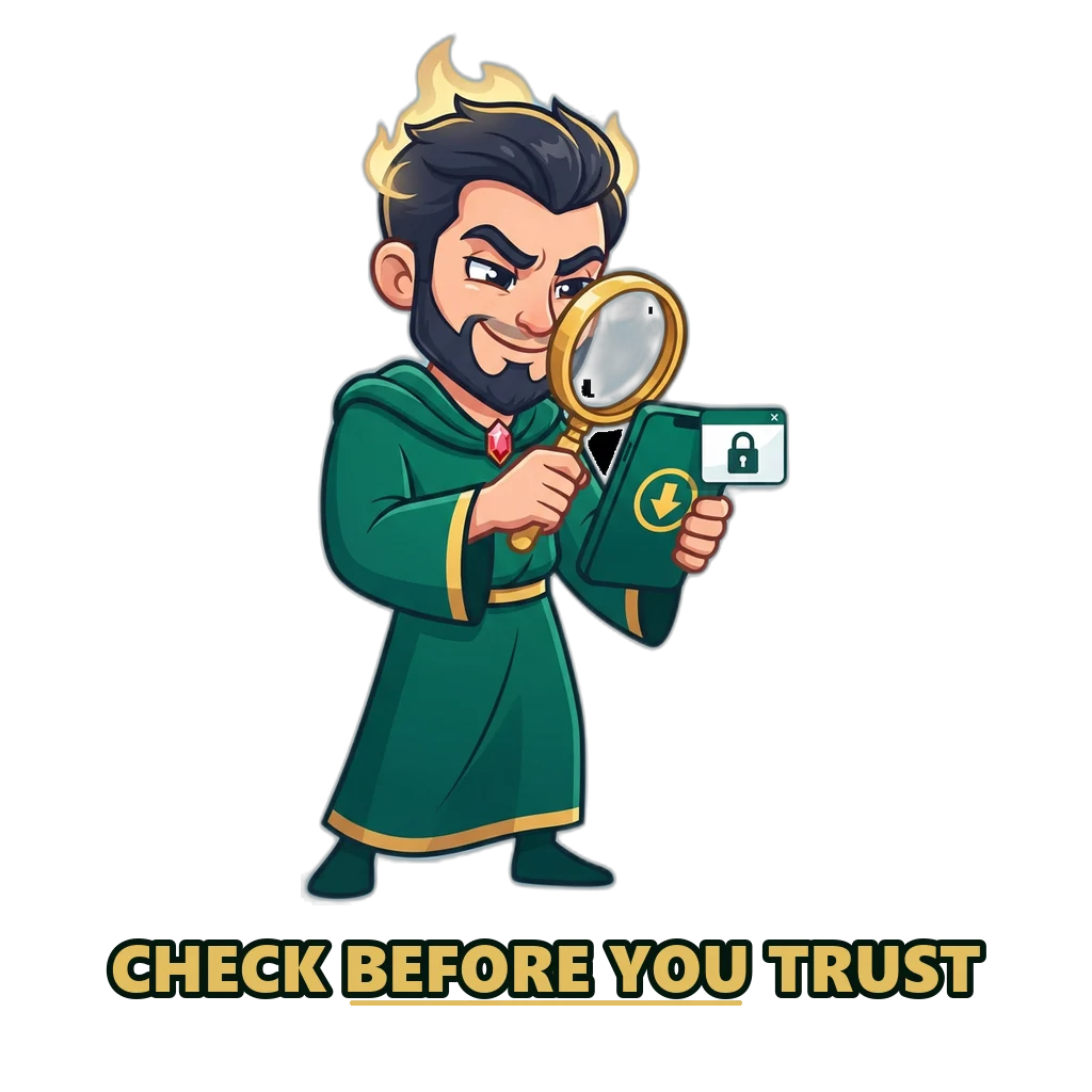 Hades mascot inspecting a suspicious download link and fee pop-up on a phone