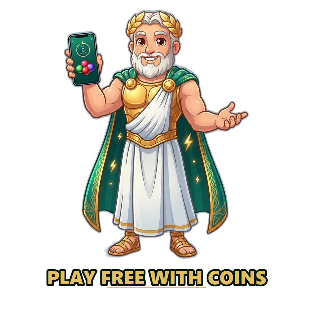 Zeus mascot holding a phone with a DMFirst colour prediction round and free virtual coins