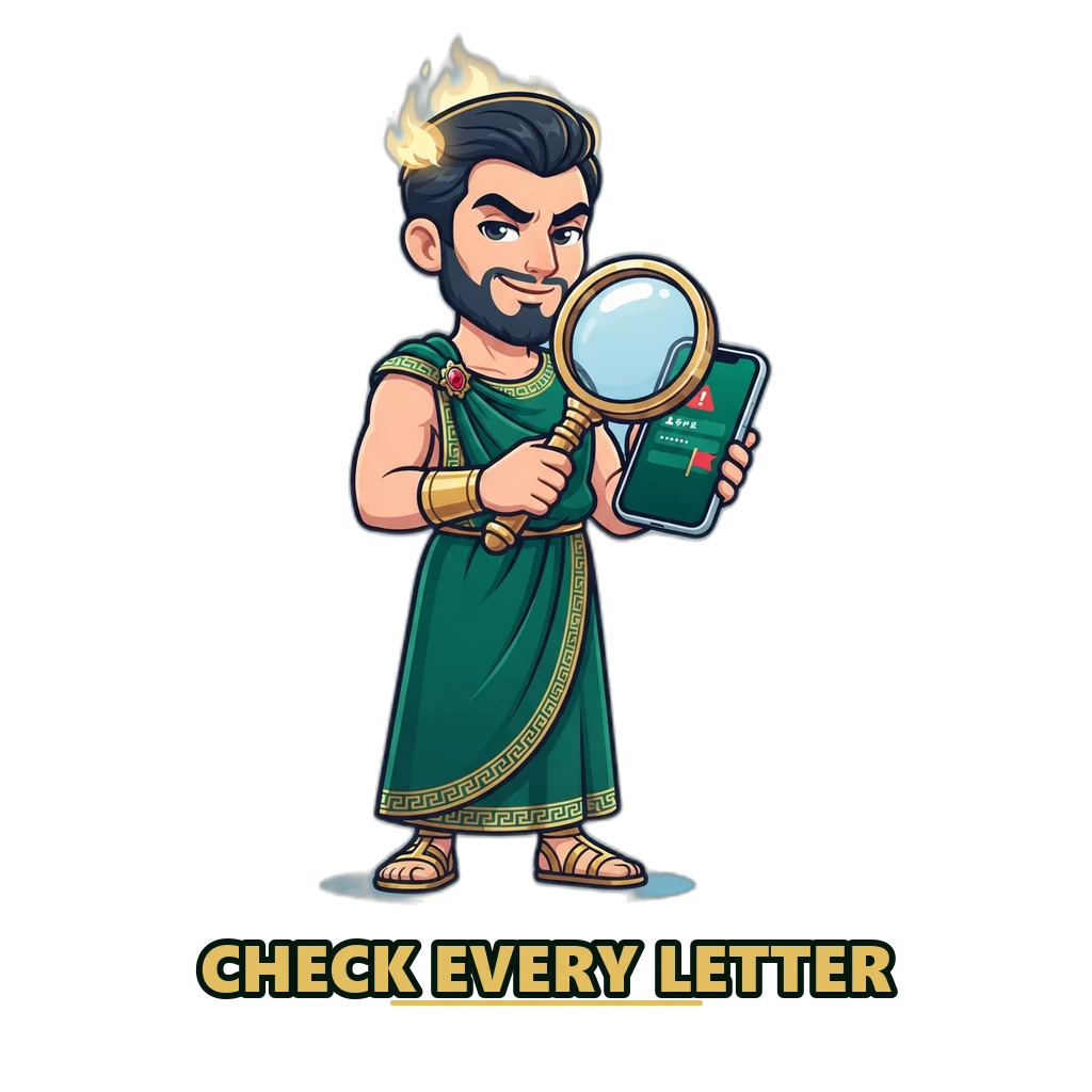 Hades holding a magnifying glass over a phone to spot a fake sign-in page