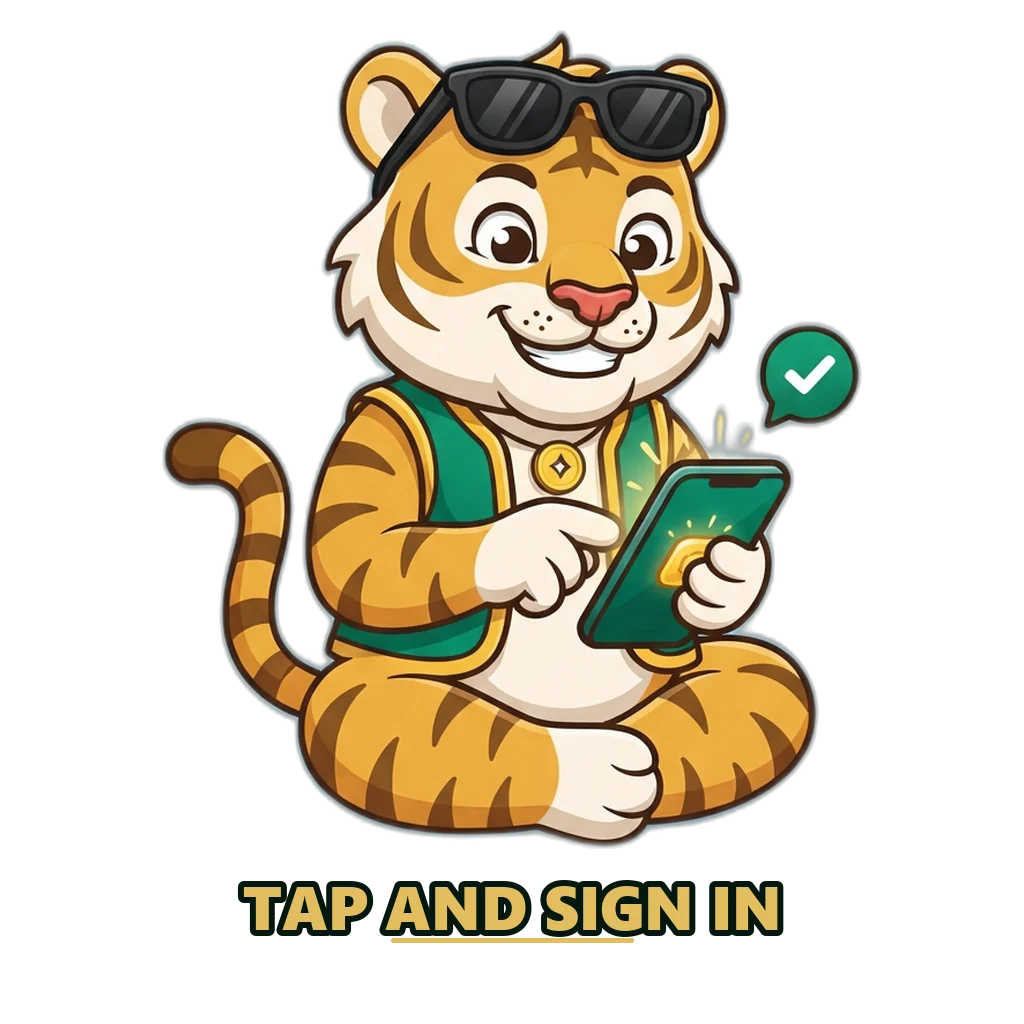 Tiger mascot in an emerald vest tapping a home screen icon on a phone to sign in