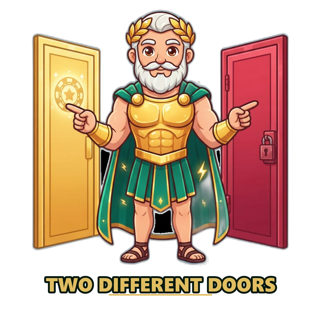 Zeus in gold armour pointing at two doors that stand for guest play and a full DMFirst login account
