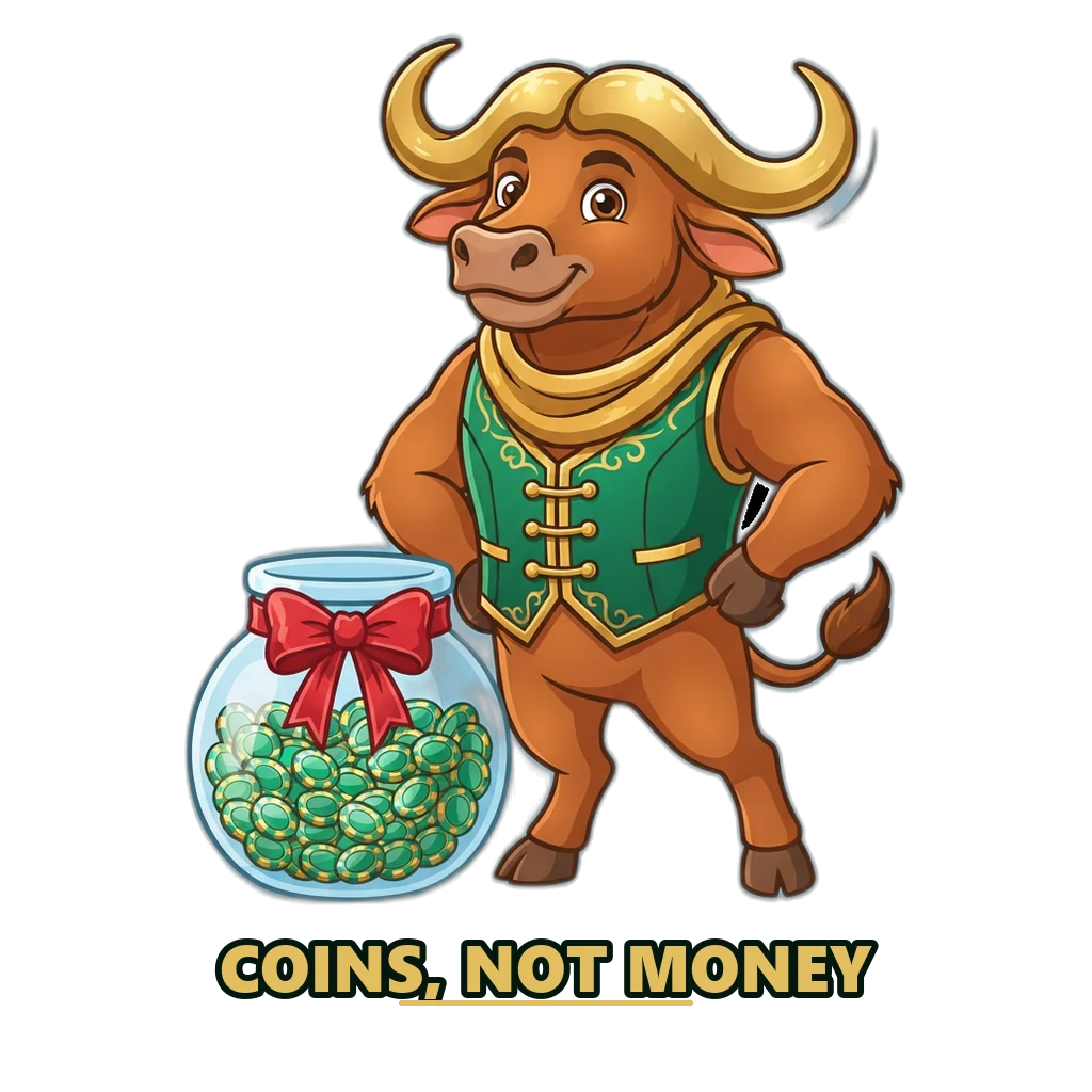 Bronze buffalo beside a jar of game coins, showing that a DMFirst withdrawal of virtual coins is not possible
