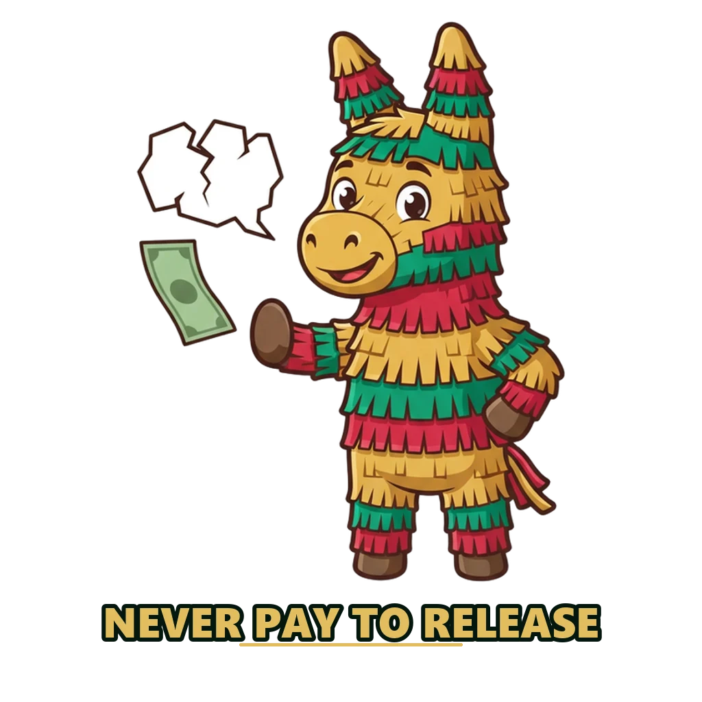Gold and emerald piñata refusing a release fee invoice, a reminder that no real withdrawal needs a payment first