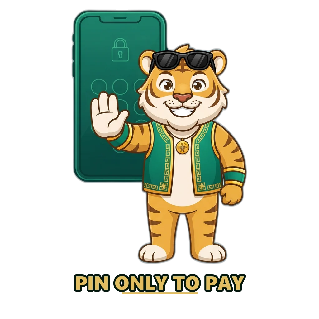 Tiger in an emerald vest guarding a phone keypad, a reminder that your UPI PIN is only for paying
