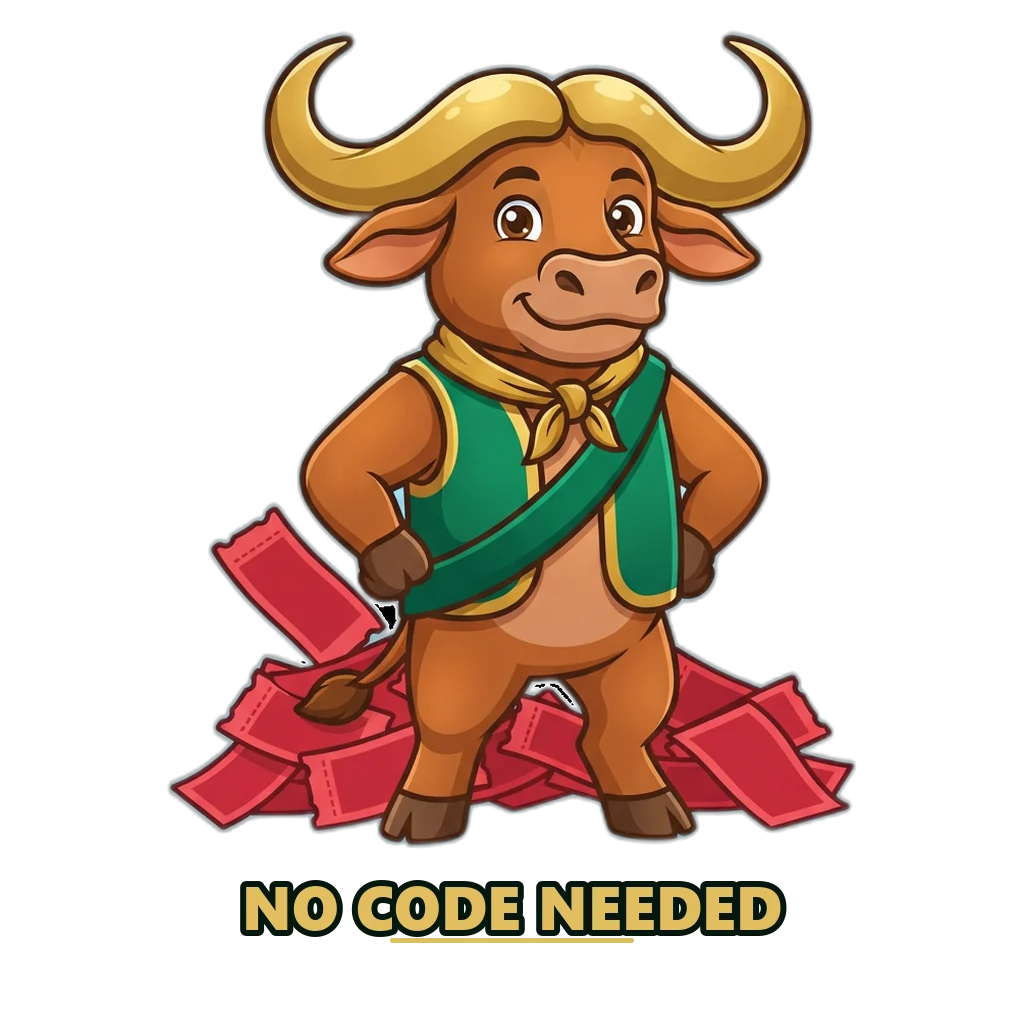 Bronze buffalo in an emerald vest pushing back a pile of invite code tickets