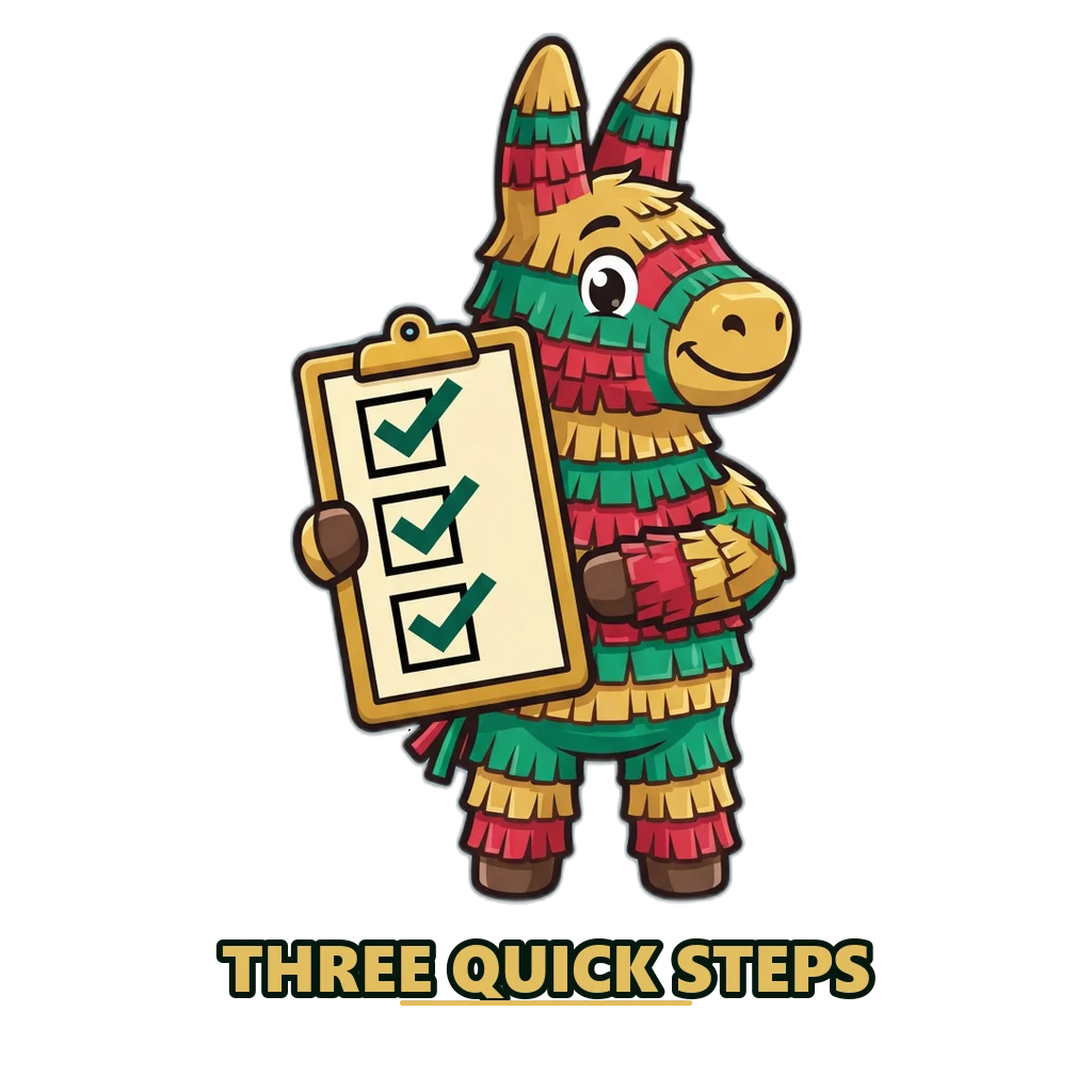 Gold and emerald piñata mascot holding a sign-up checklist for DMFirst register
