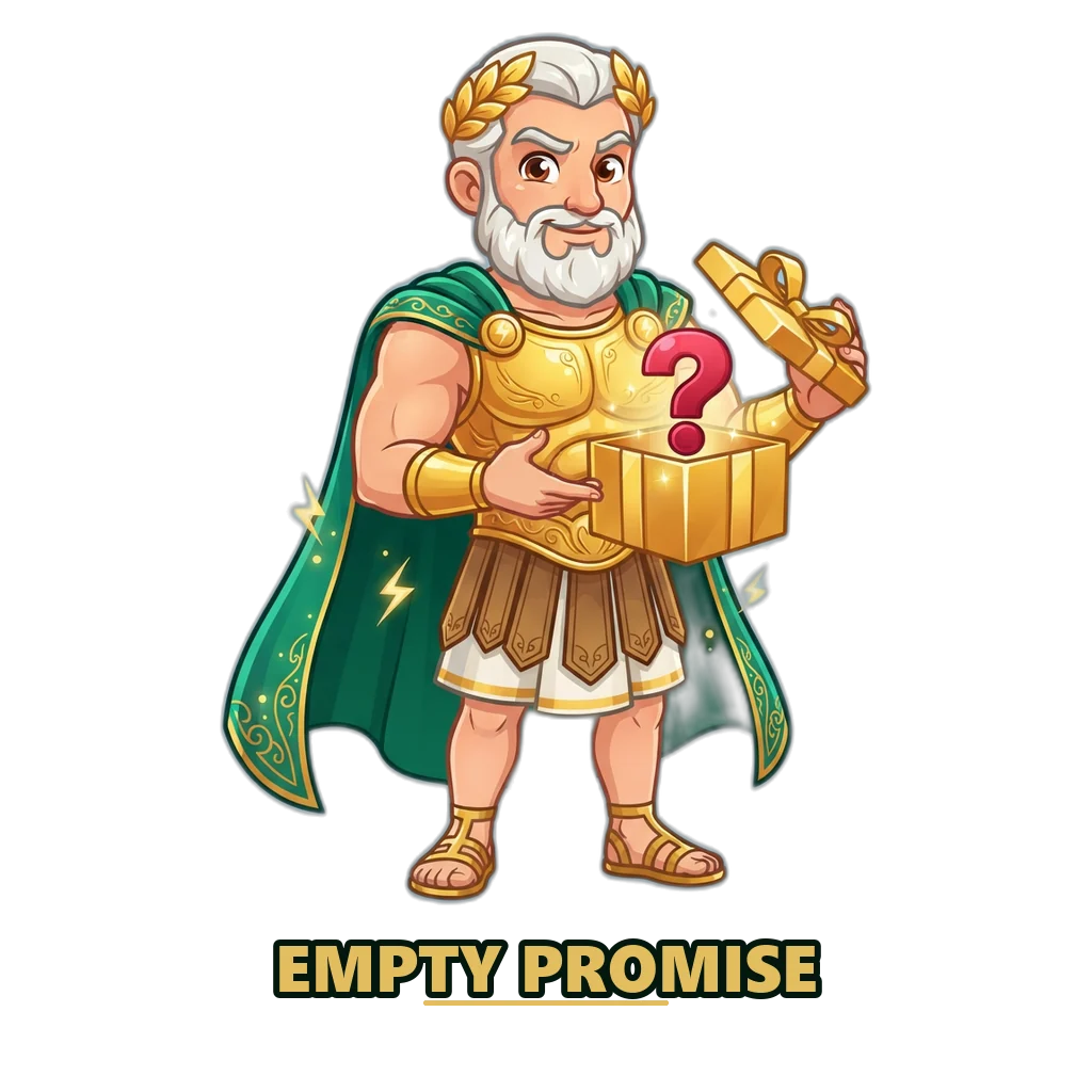 Zeus opening a gift box that holds only a question mark, a warning about gift code channels