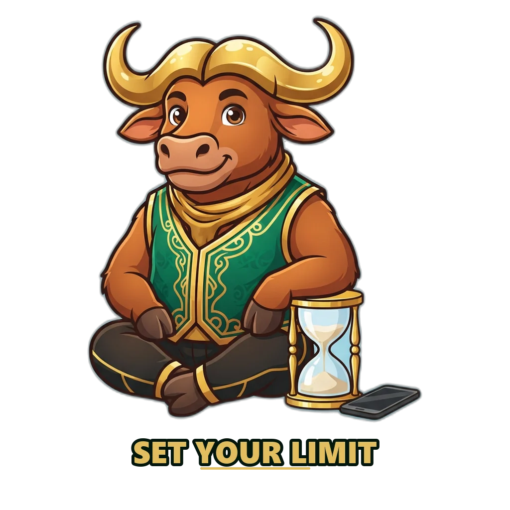 Bronze buffalo mascot in an emerald vest next to a gold hourglass, a reminder to take breaks