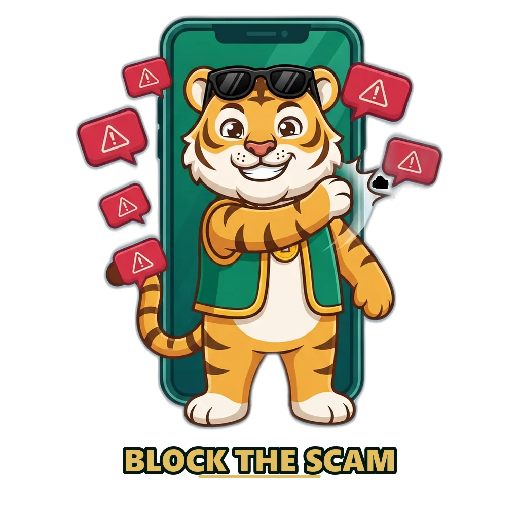 Tiger mascot in an emerald vest blocking fake messages and app downloads on a phone