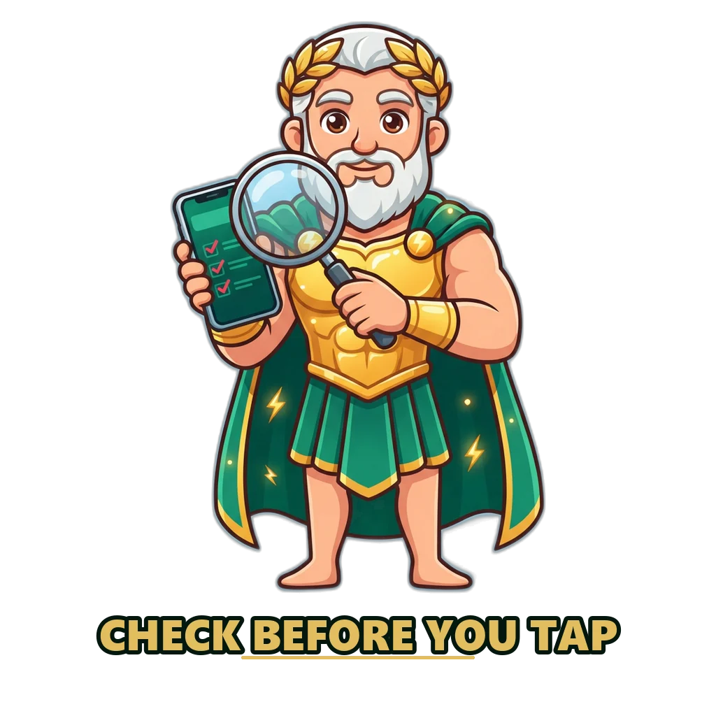 Zeus mascot in gold armour checking a phone screen as part of a DMFirst safety check